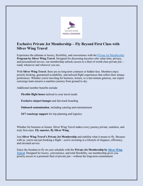 Exclusive Private Jet Membership – Fly Beyond First Class with Silver Wing Travel | PDF